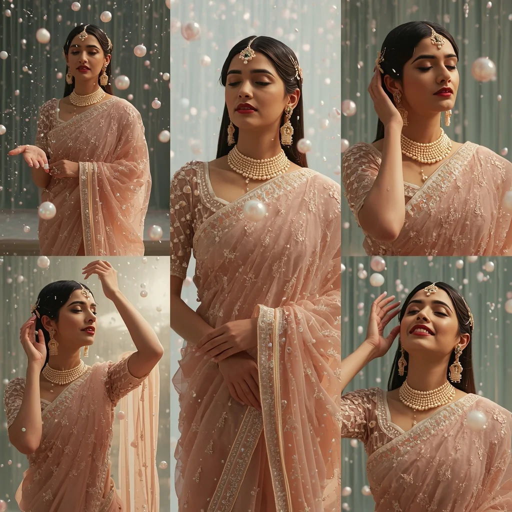 Festive Fancy Saree Zero-Gravity Pearl Rain 7-Frame Asymmetrical | Graceful Poses Cinematic | Traditional Saree Ai Prompt