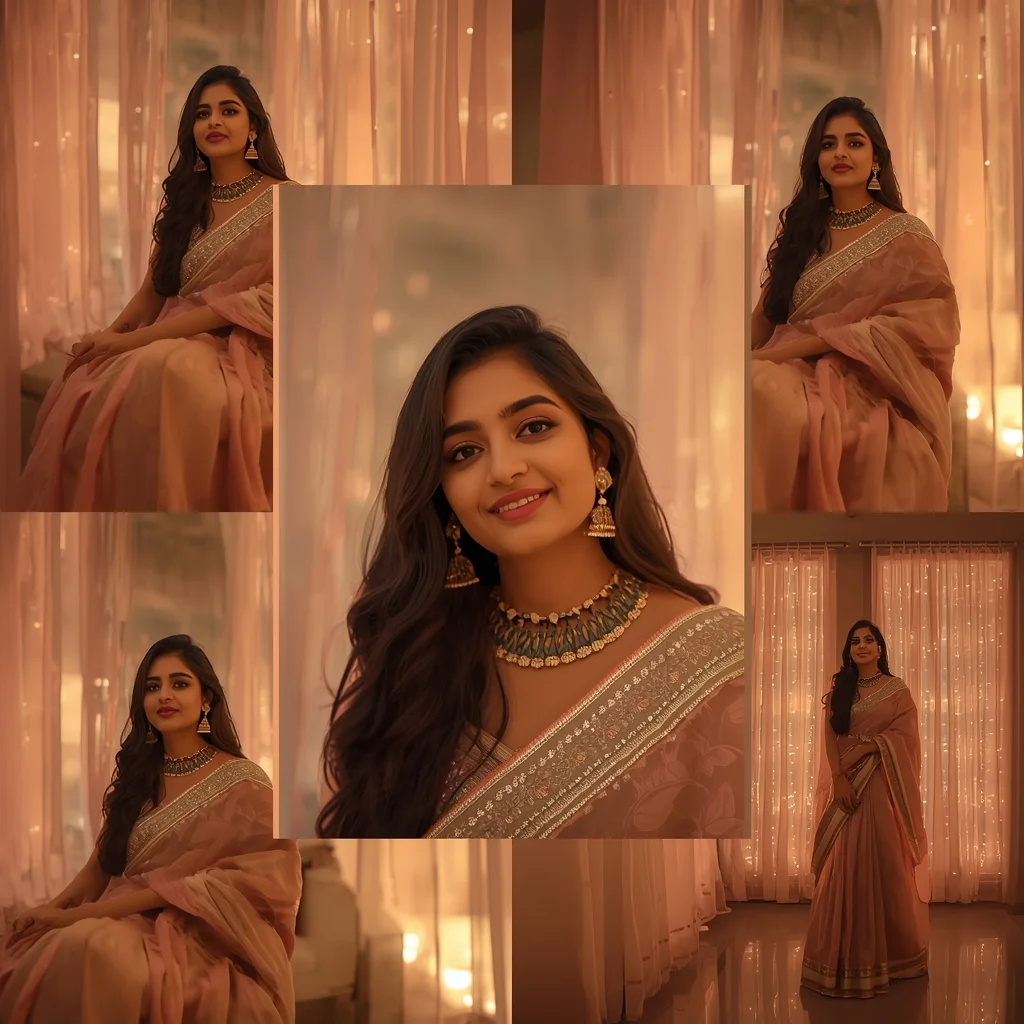 Festive Pastel Saree Ambient Curtain Collage | Indian Girl Cozy Frame Aesthetic Soft Cinematic Viral Prompt | Indian Bride Saree Ai Prompt