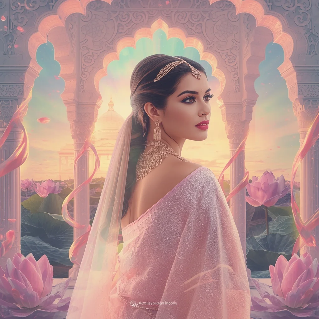 Festive Pastel Saree Aurora Lotus Palace Dreamscape Collage | Saree Prompt For Gemini Girl Instagram