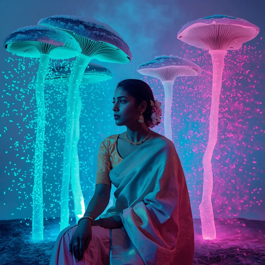 Festive Pastel Saree Bioluminescent Alien Spore Forest Collage Luxury Cinematic | Prompt Seen Trending Girl Instagram