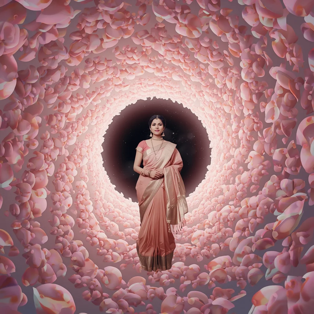 Festive Pastel Saree Black Hole Petal Accretion Disk Collage Dream Cinematic | Prompt Seen Saree Girl