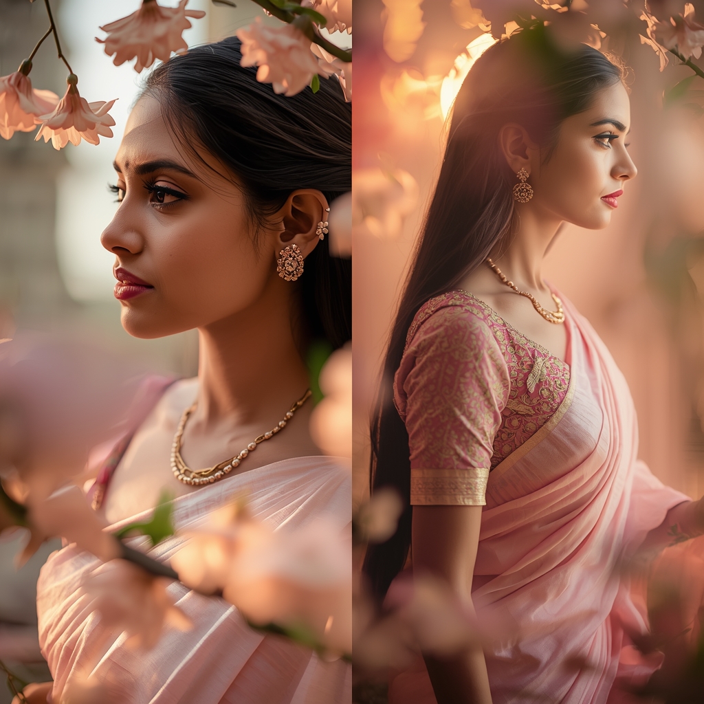 Festive Pastel Saree Bloom Layer Collage | Indian Girl Floral Depth Aesthetic Soft Cinematic Viral Prompt | Saree Whatsapp Dp Ai Prompt