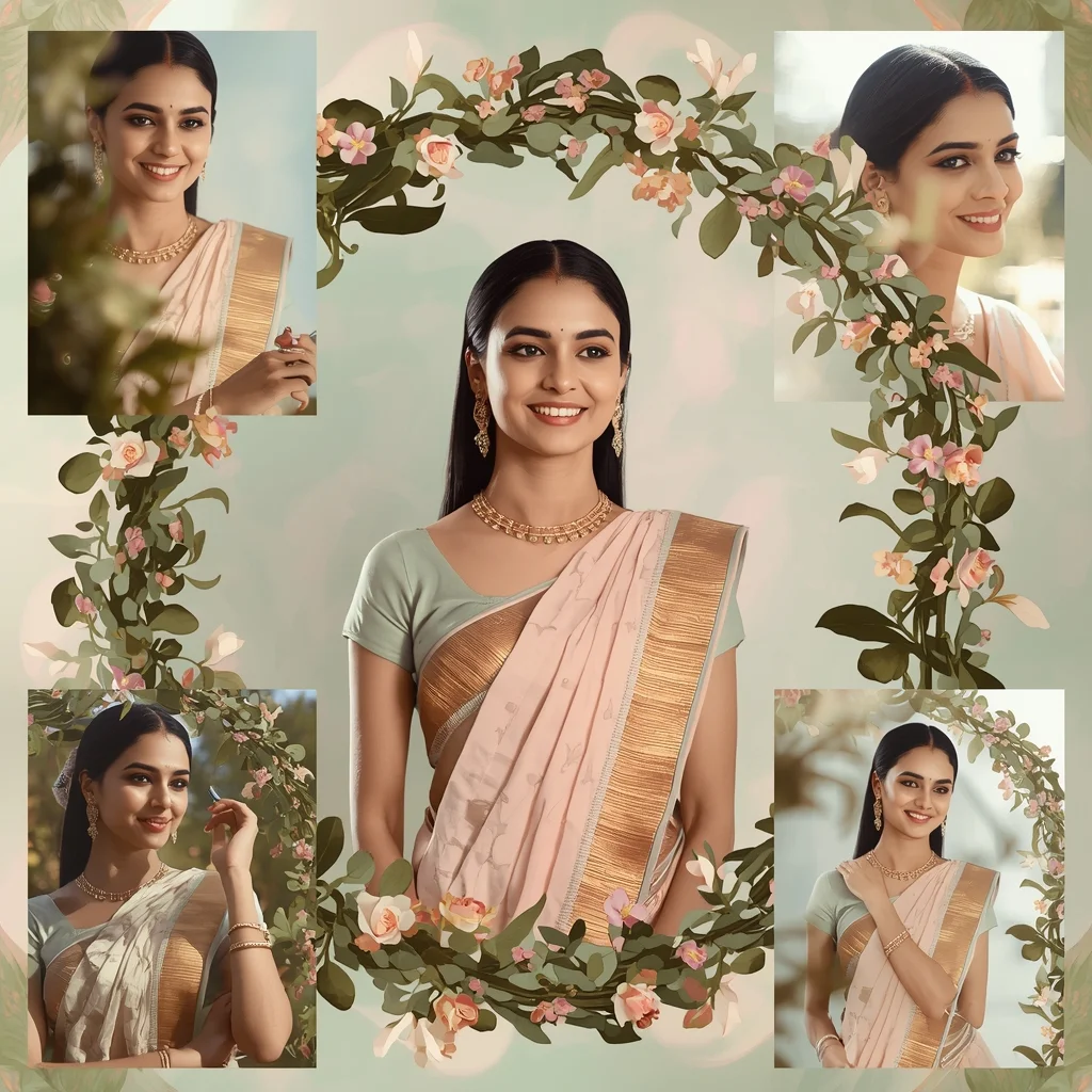 Festive Pastel Saree Botanical Arch Collage | Indian Girl Nature Frame Aesthetic Soft Cinematic Viral Prompt | Saree Ai Prompt Copy Paste For Gemini