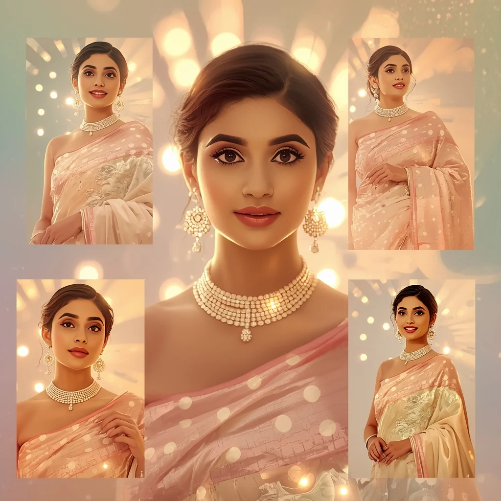 Festive Pastel Saree Circle Burst Collage | Indian Girl Light Pattern Aesthetic Soft Cinematic Viral Prompt | Saree Woman Ai Prompt