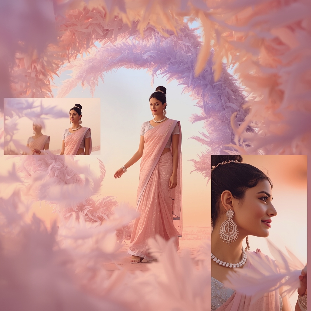 Festive Pastel Saree Feather Tunnel Collage | Indian Girl Dream Depth Aesthetic Soft Cinematic Viral Prompt | Saree Trending Ai Prompt
