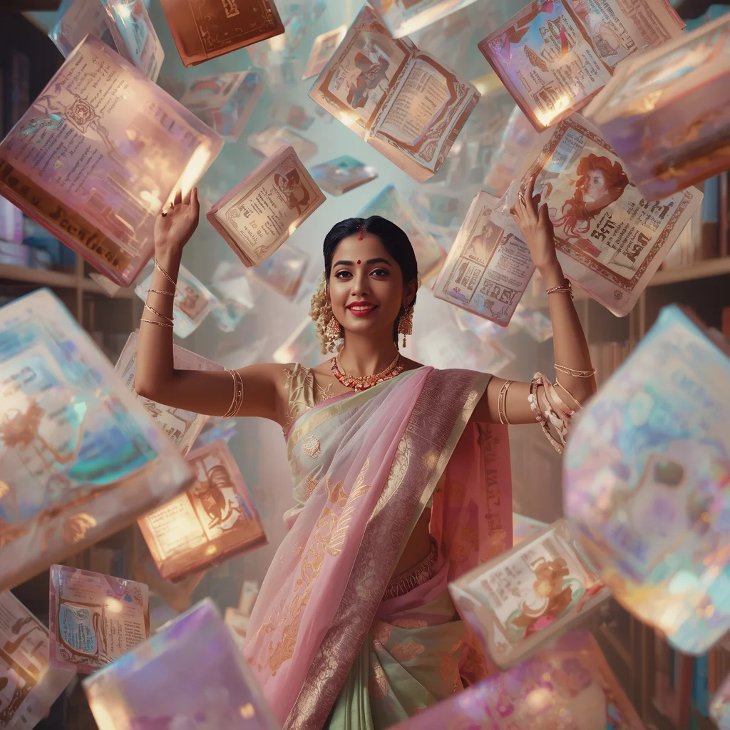 Festive Pastel Saree Floating Crystal Grimoire Library Collage Premium Cinematic | Kurti Prompt For Girl