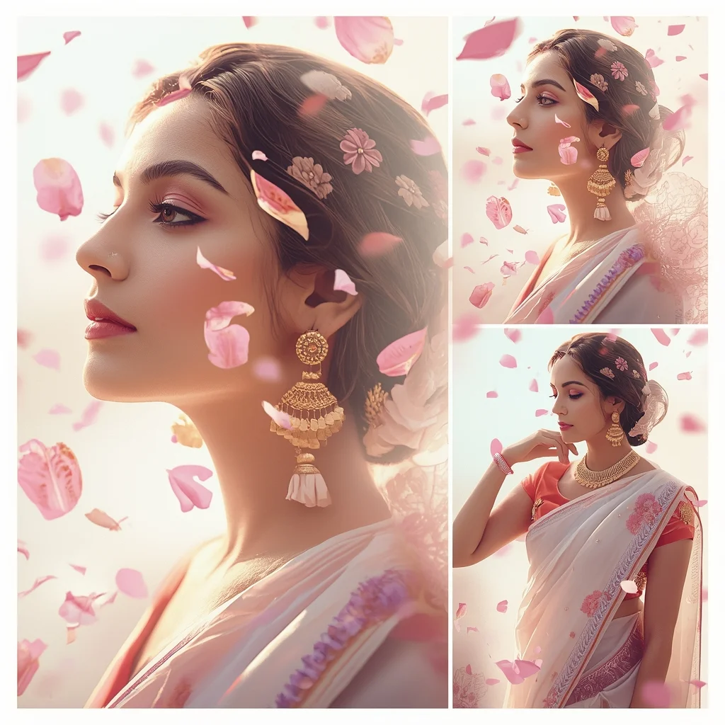 Festive Pastel Saree Floating Petal Collage | Indian Girl Floral Motion Aesthetic Soft Cinematic Viral Prompt | Gemini Saree Prompt