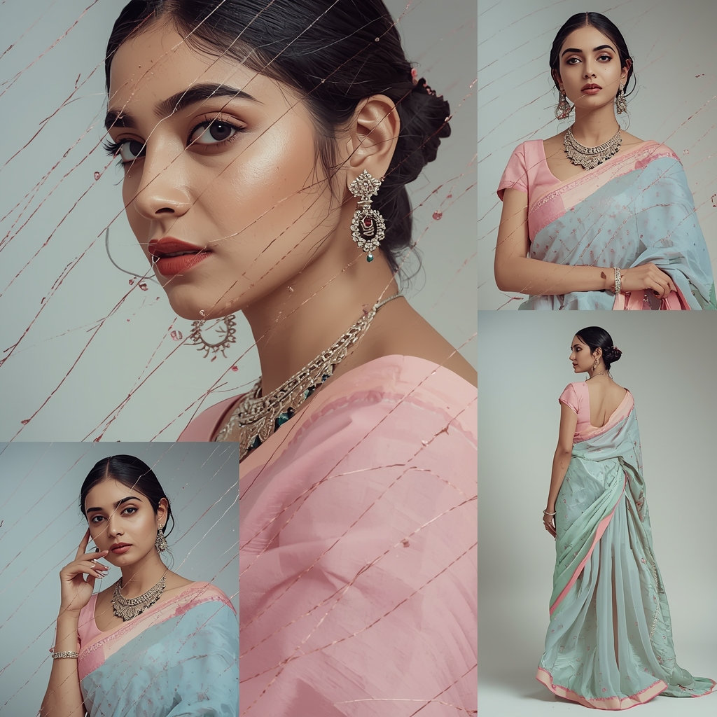 Festive Pastel Saree Floating Thread Collage | Indian Girl Textile Motion Aesthetic Soft Cinematic Viral Prompt | Gemini Saree Prompt For Woman