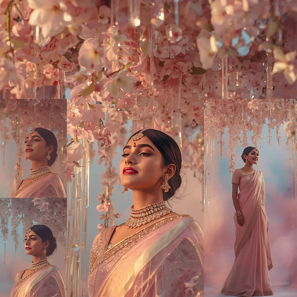 Festive Pastel Saree Floral Crystal Canopy Couture Collage | Free Prompt Text