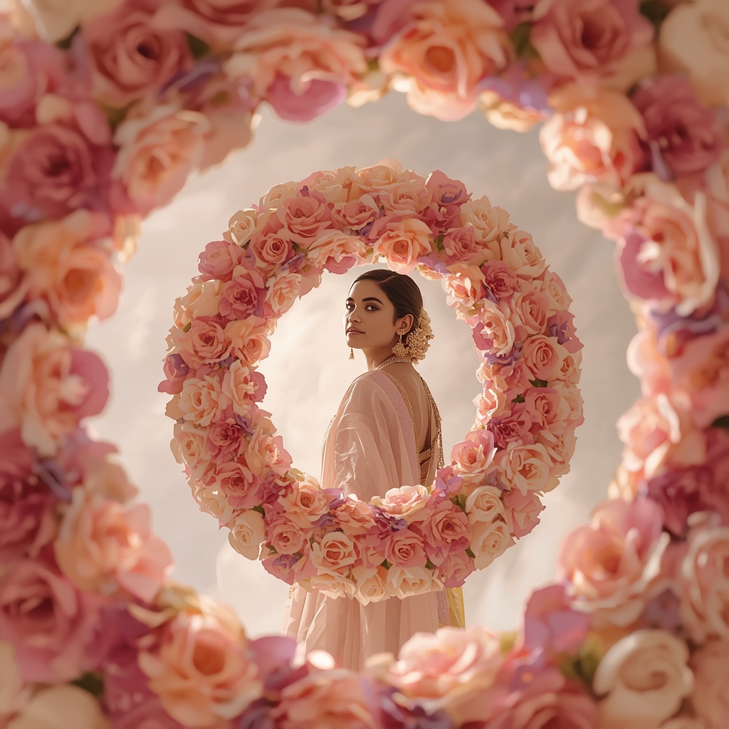 Festive Pastel Saree Floral Spiral Collage | Indian Girl Bloom Depth Aesthetic Soft Cinematic Viral Prompt | Saree Instagram Ai Prompt