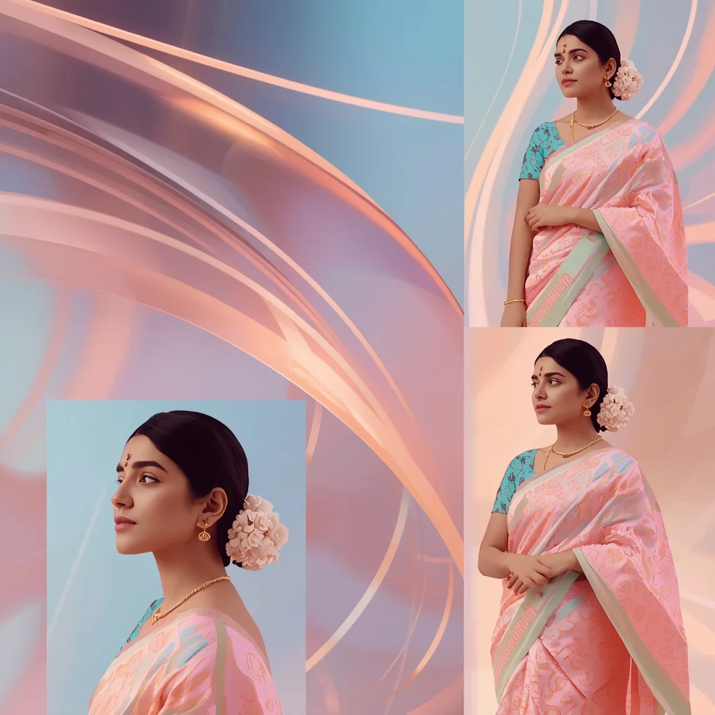 Festive Pastel Saree Flow Line Collage | Indian Girl Smooth Curve Aesthetic Soft Cinematic Viral Prompt | Ai Prompt For Social Media