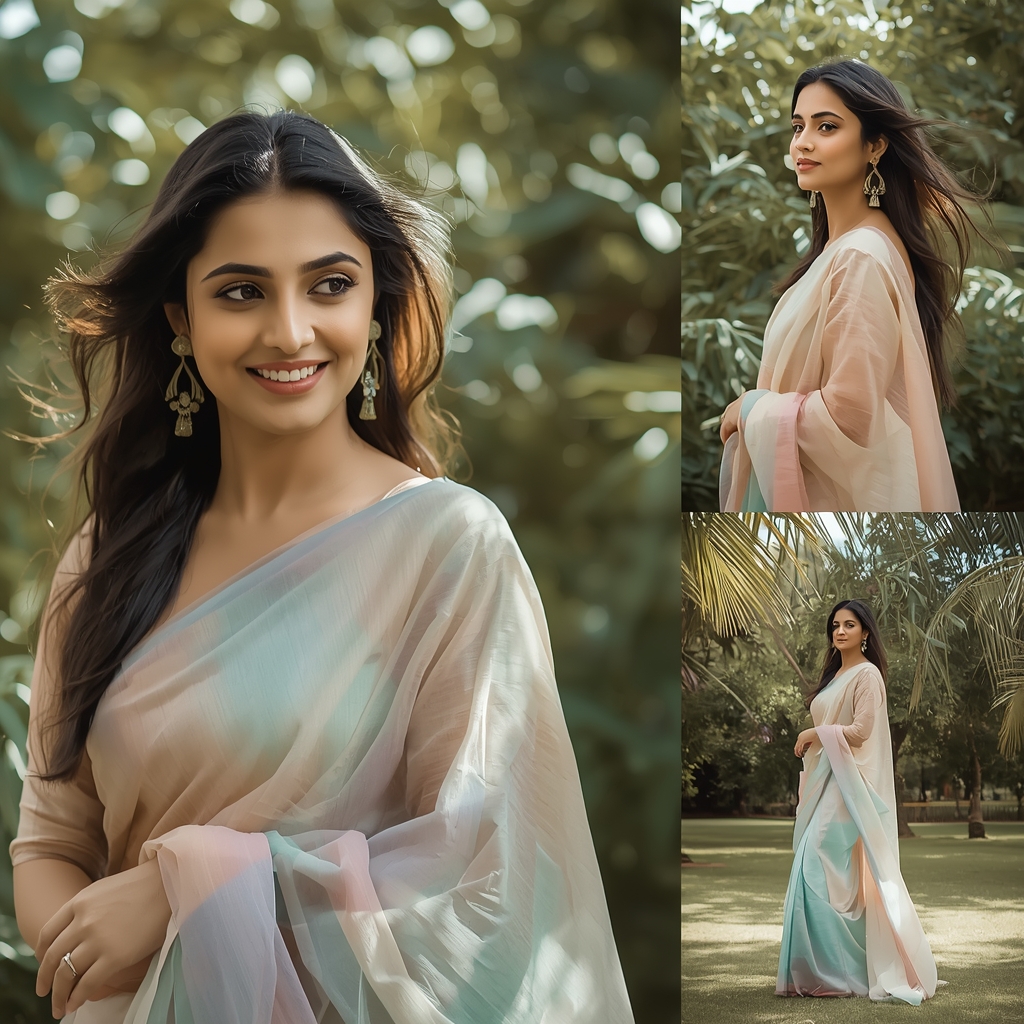 Festive Pastel Saree Garden Breeze Collage | Indian Girl Natural Wind Aesthetic Soft Cinematic Viral Prompt | Saree Profile Pic Ai Prompt