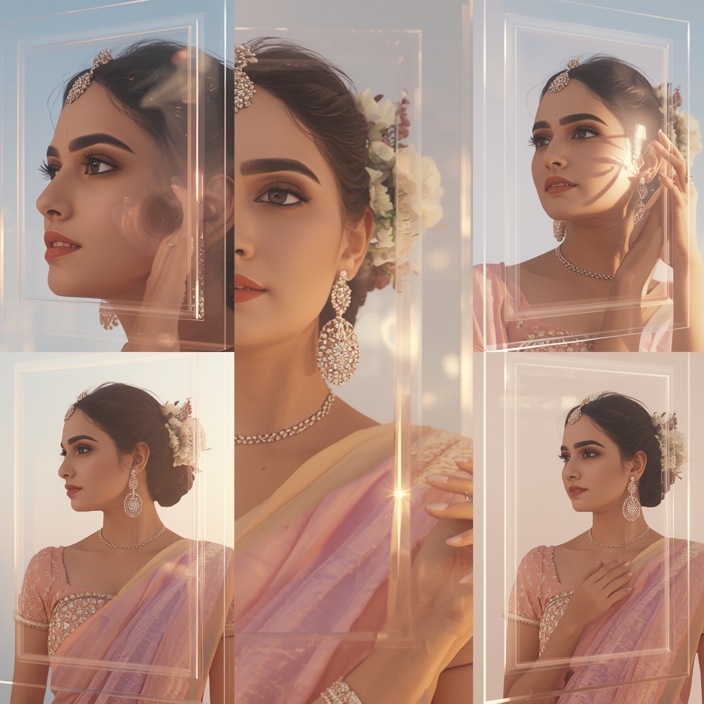 Festive Pastel Saree Glass Glow Panel Collage | Indian Girl Transparent Aesthetic Soft Cinematic Ultra Realistic Viral Prompt | Saree Prompt Copy Paste