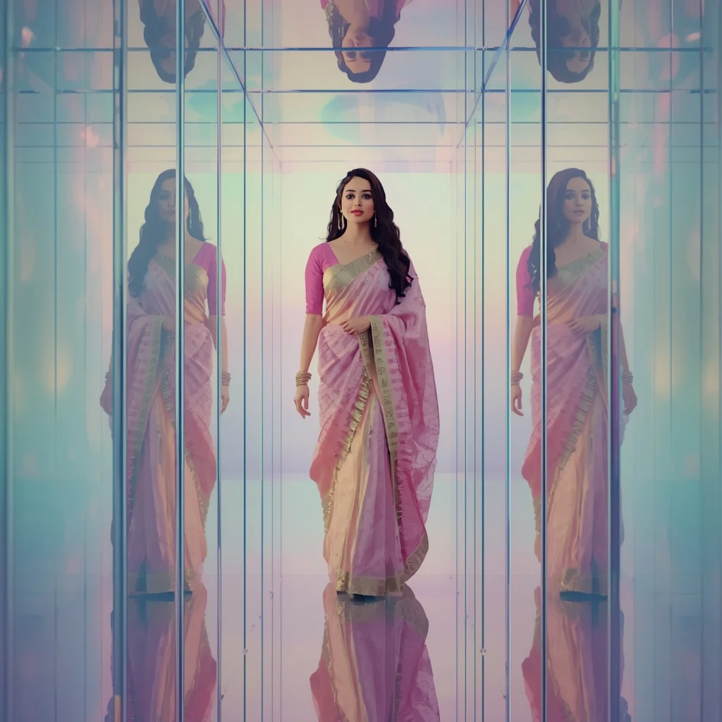 Festive Pastel Saree Glass Tunnel Collage | Indian Girl Mirror Depth Aesthetic Soft Cinematic Viral Prompt | Saree Prompt For Gemini Ai