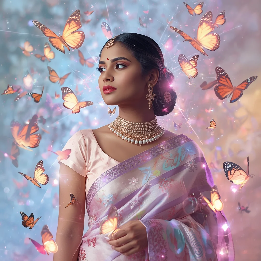 Festive Pastel Saree Holographic Butterfly Swarm Collage Modern Cinematic | Saree Ai Prompt Copy Paste For Gemini