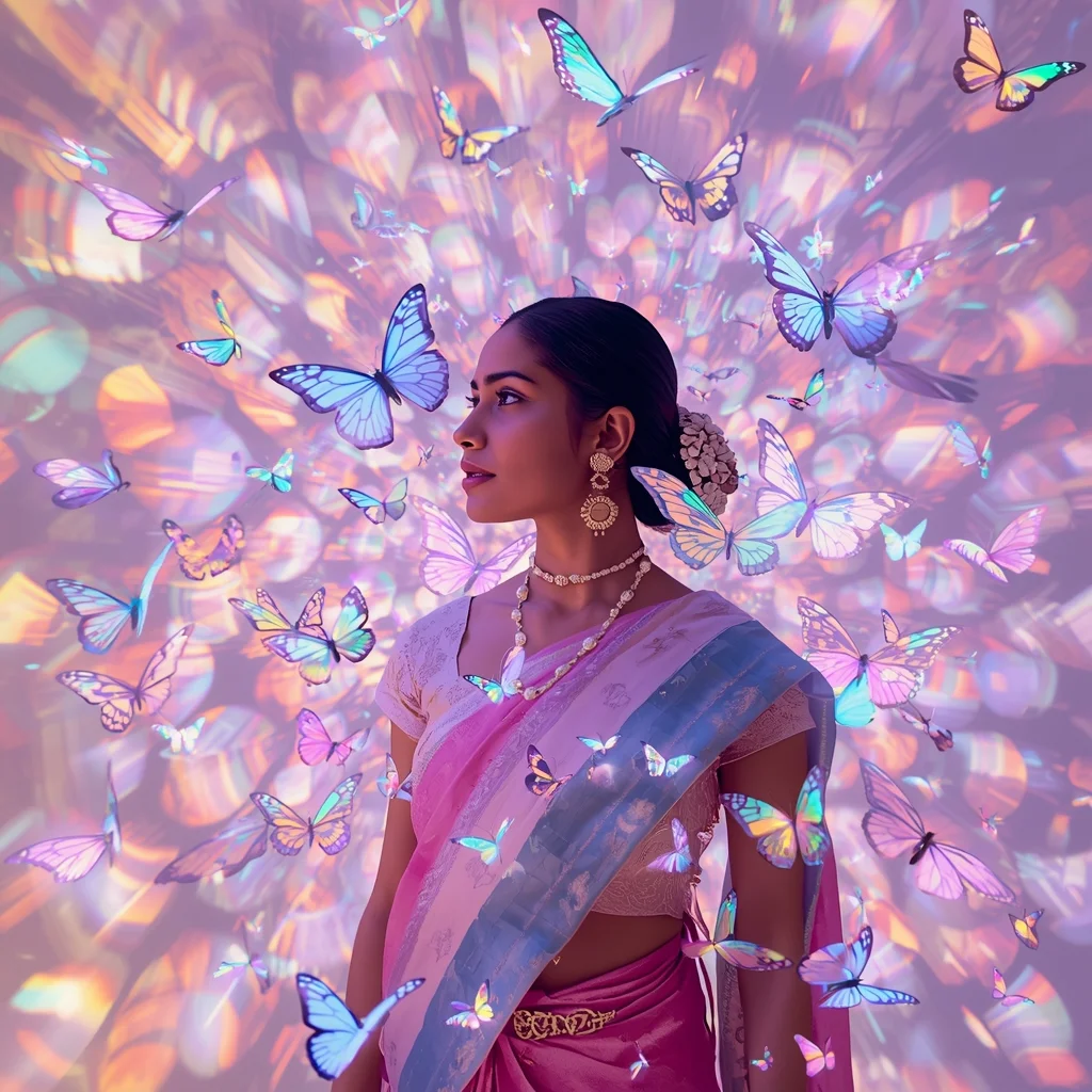 Festive Pastel Saree Holographic Projector Butterfly Drone Collage Modern Cinematic | Prompt For Gemini Ai Girl Style Trending Instagram Copy And Paste