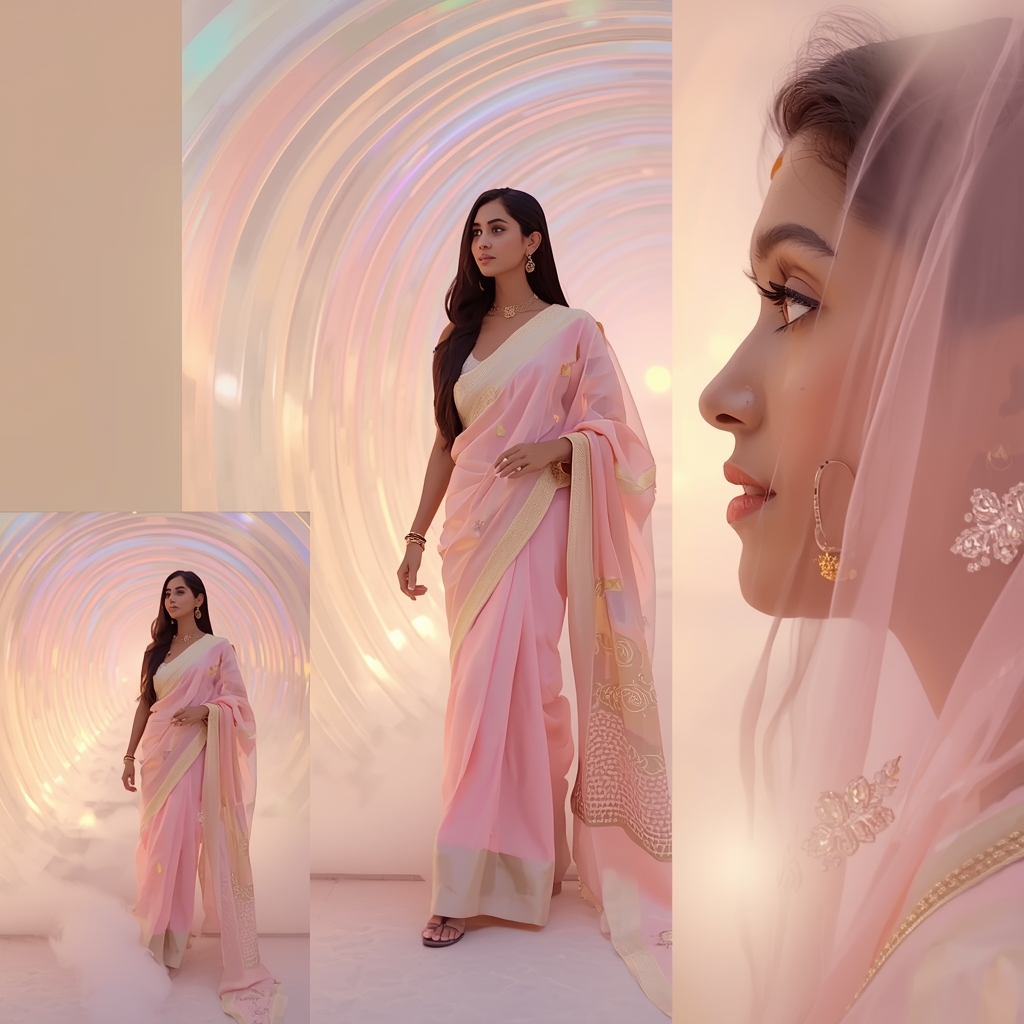Festive Pastel Saree Horizon Spiral Collage | Indian Girl Light Motion Aesthetic Soft Cinematic Viral Prompt | Traditional Saree Ai Prompt