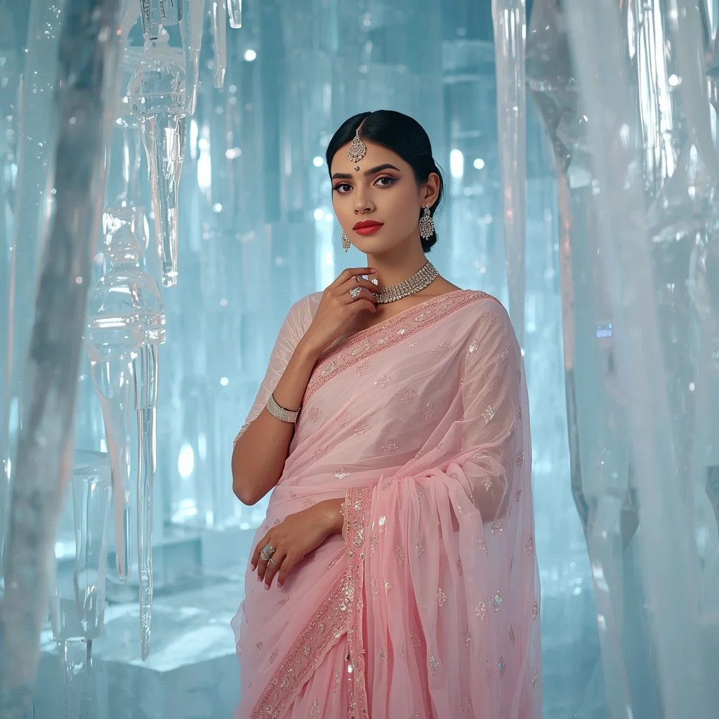 Festive Pastel Saree Ice Crystal Palace Portrait Editorial | Best Saree Prompt For Gemini Girl