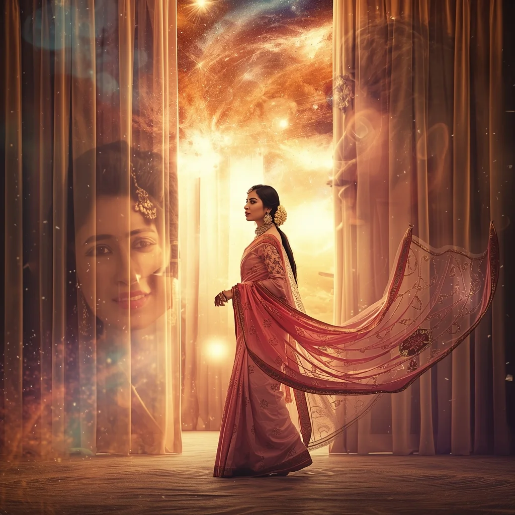 Festive Pastel Saree Imperial Cosmic Curtain Galaxy Burst Collage | Regal Symphony Prompt | Korean Ai Prompt