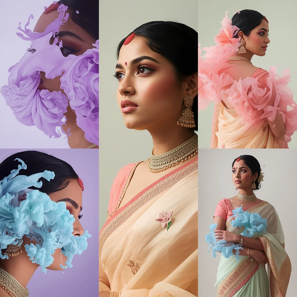 Festive Pastel Saree Ink Diffusion Collage | Indian Girl Fluid Color Aesthetic Soft Cinematic Viral Prompt | Ai Video Generator Prompt