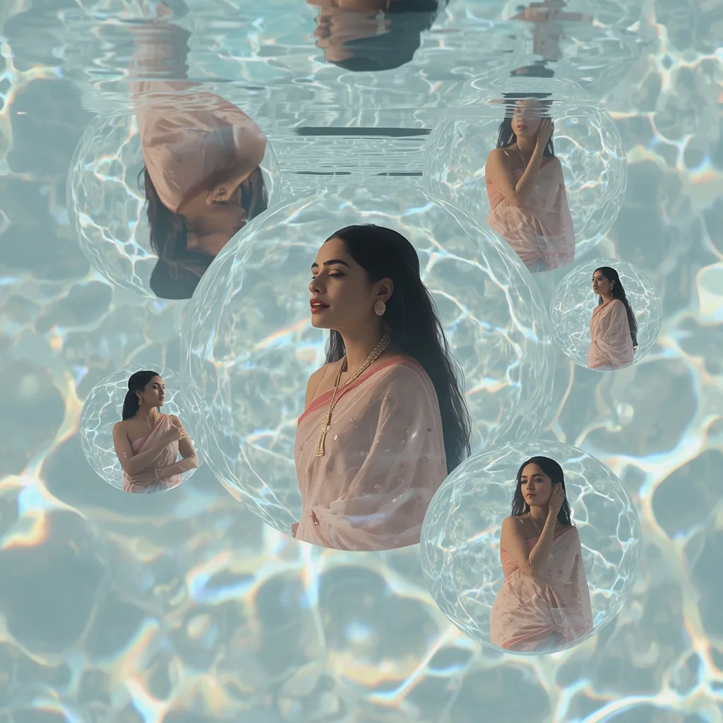 Festive Pastel Saree Levitating Pearl-Water Pool Collage Cinematic Aesthetic | Prompt For Saree Look For Girl