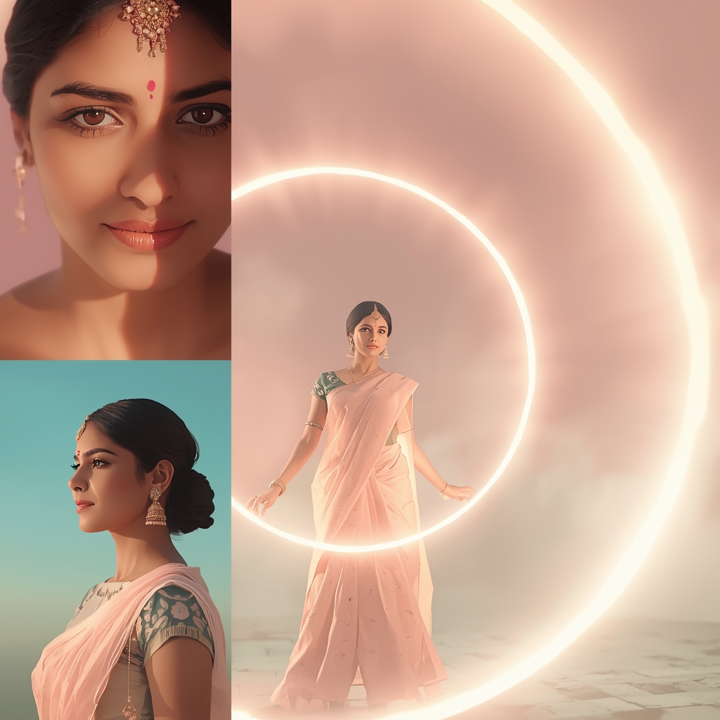 Festive Pastel Saree Light Dome Collage | Indian Girl Glow Pattern Aesthetic Soft Cinematic Viral Prompt | Saree Look Ai Prompt