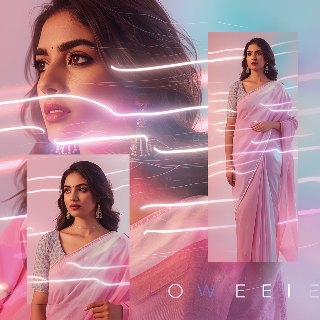 Festive Pastel Saree Light Strip Collage | Indian Girl Glow Line Aesthetic Soft Cinematic Viral Prompt | Saree Whatsapp Dp Ai Prompt