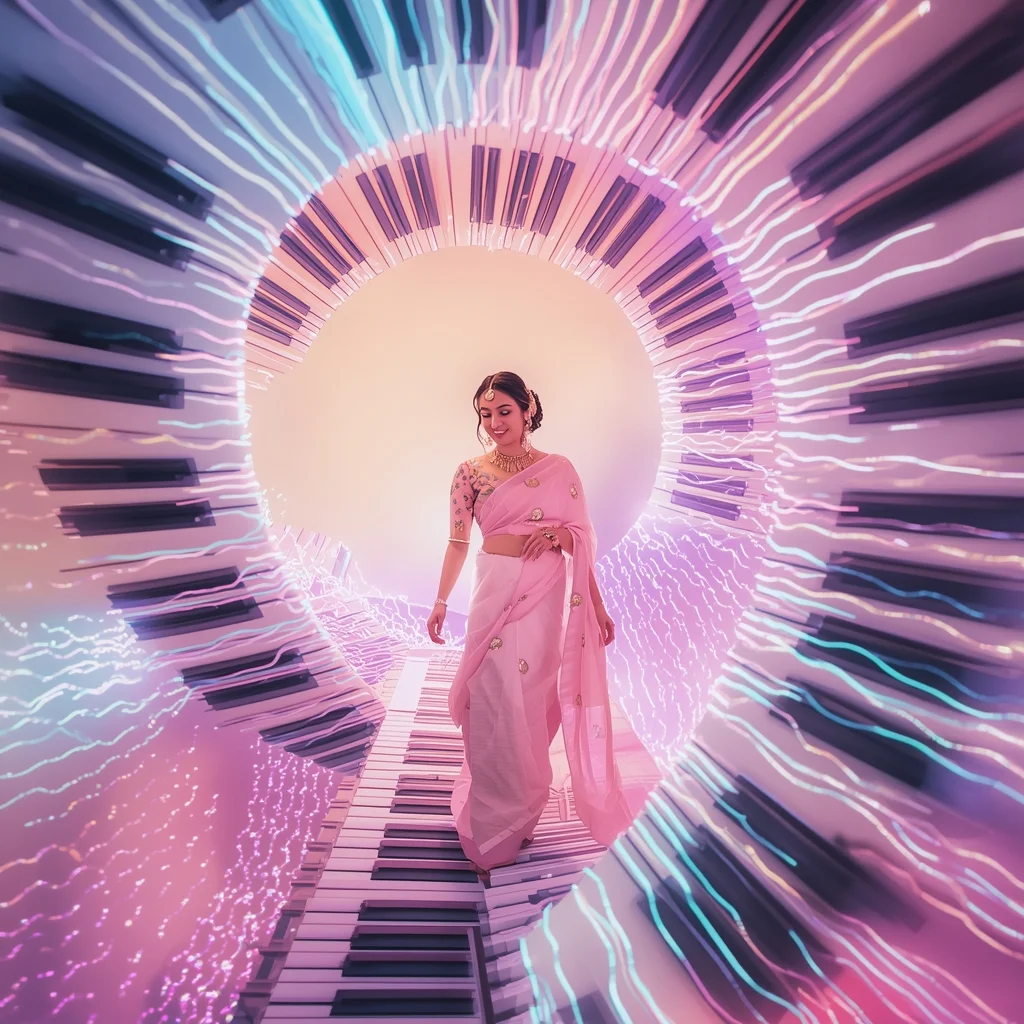 Festive Pastel Saree Light-Wave Piano Key Staircase Collage Luxury Cinematic | Gemini Traditional Saree Prompt In English