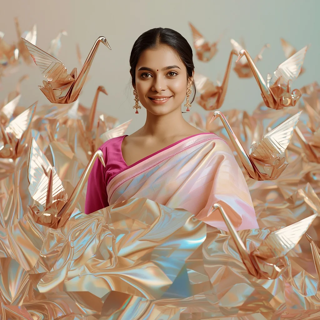 Festive Pastel Saree Liquid Bismuth Origami Crane Collage Luxury Cinematic | Saree Pose Ai Prompt