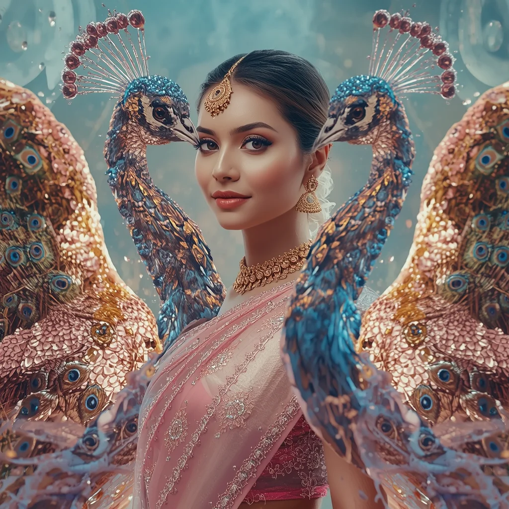 Festive Pastel Saree Liquid Chrome Splash Peacock Collage Luxury Cinematic | Kurti Prompt For Girl - Woman Pose AI Image Prompt