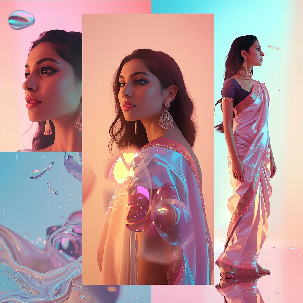 Festive Pastel Saree Liquid Reflection Collage | Indian Girl Fluid Mirror Aesthetic Soft Cinematic Viral Prompt | Saree Prompt Generator