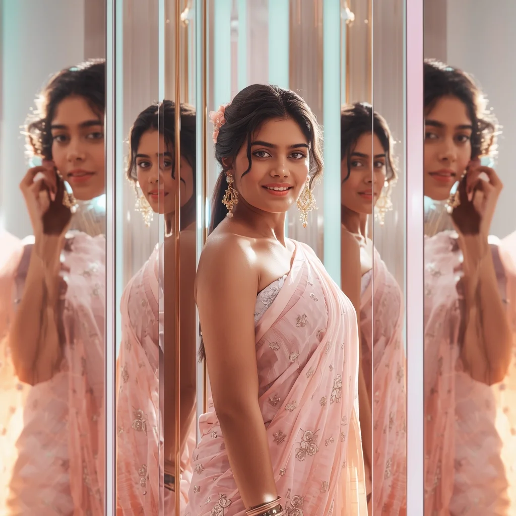 Festive Pastel Saree Mirror Shine Cascade Collage Premium Cinematic | Trending Prompt Copy Paste