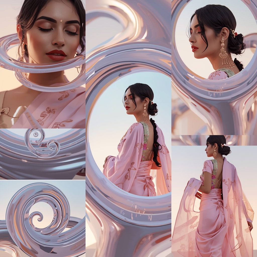 Festive Pastel Saree Mirror Spiral Collage | Indian Girl Reflection Motion Aesthetic Soft Cinematic Viral Prompt | Gemini Saree Prompt For Woman
