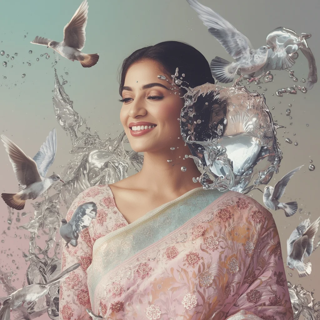 Festive Pastel Saree Molten Silver Splash Dove Transmutation Collage Luxury Cinematic | Chatgpt Prompt
