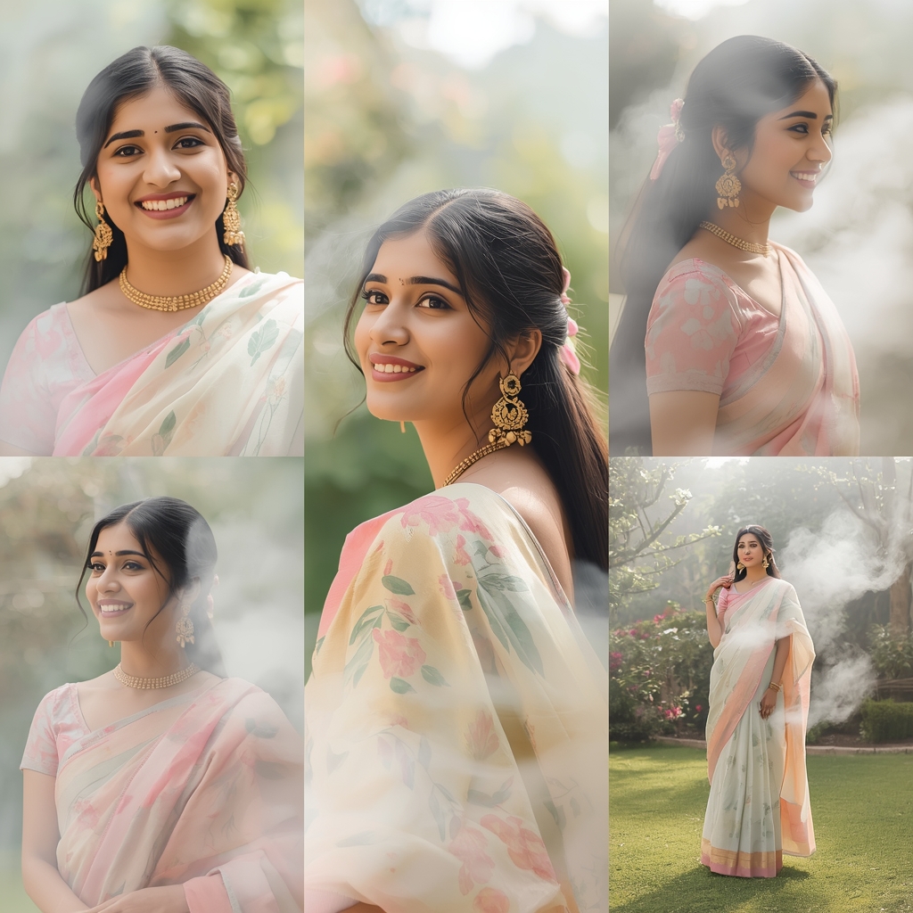 Festive Pastel Saree Nature Mist Collage | Indian Girl Foggy Garden Aesthetic Soft Cinematic Viral Prompt | Indian Girl Saree Ai Prompt 4k Realistic