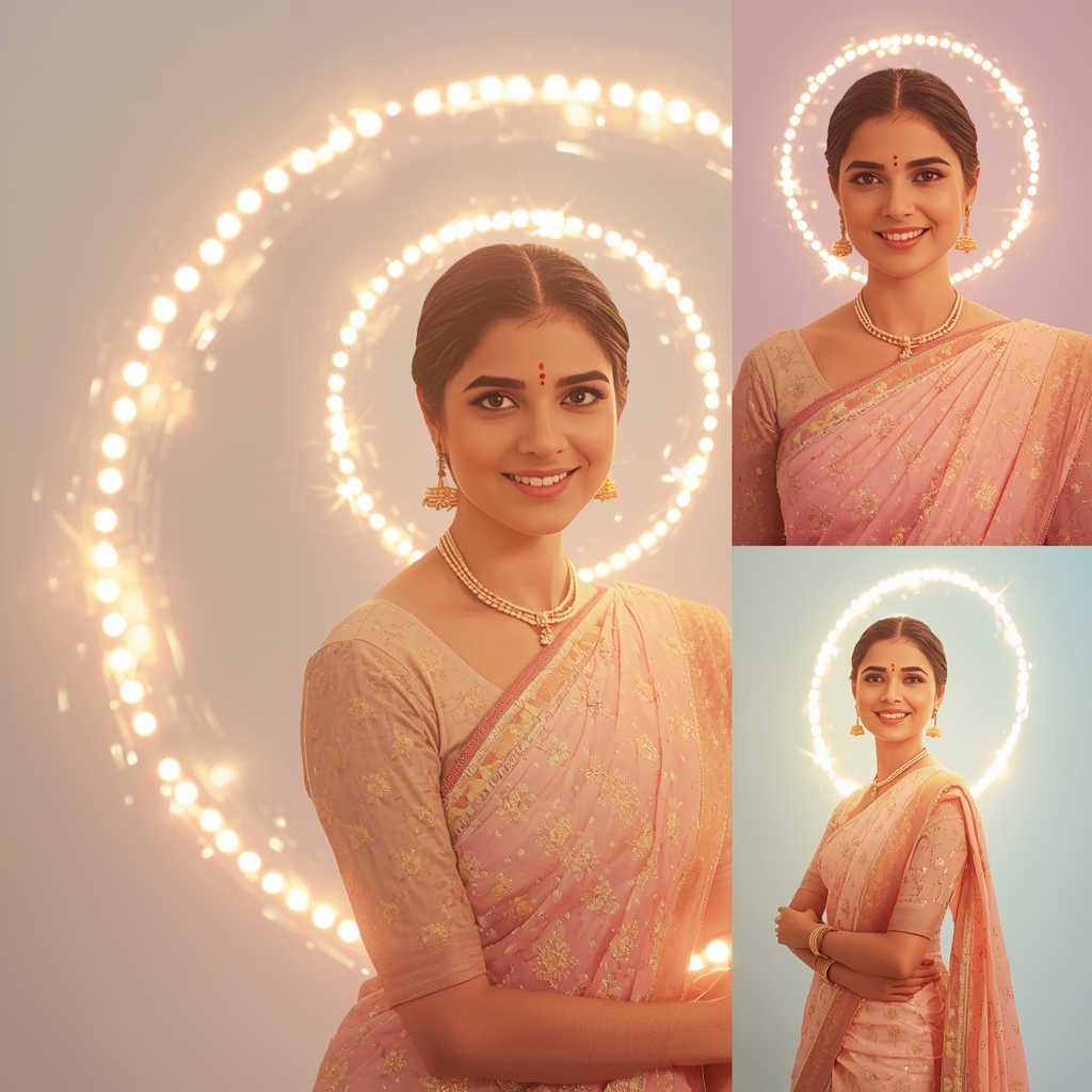 Festive Pastel Saree Particle Ring Collage | Indian Girl Light Circle Aesthetic Soft Cinematic Viral Prompt | Traditional Saree Ai Prompt