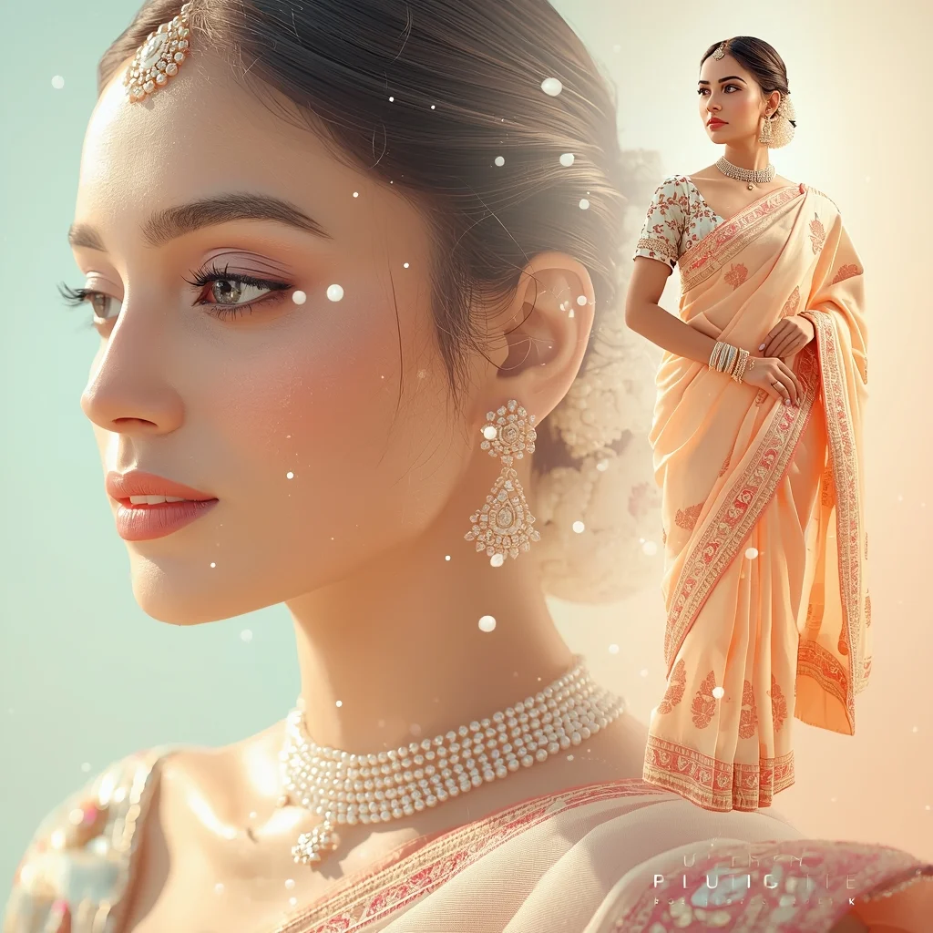 Festive Pastel Saree Pearl Dust Collage | Indian Girl Luxury Glow Aesthetic Soft Cinematic Ultra Realistic Viral Prompt | Beautiful Saree Girl Ai Prompt Cinematic