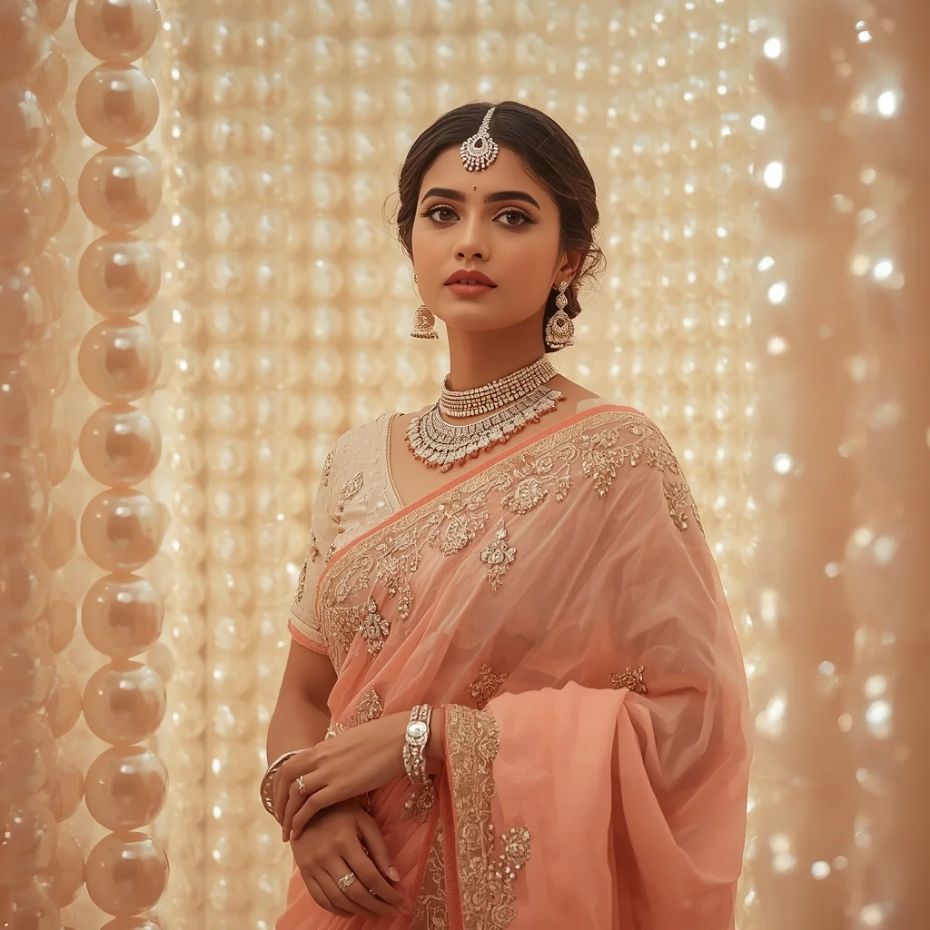 Festive Pastel Saree Pearl Glow Chamber Portrait Luxury | Prompt For Gemini Girl In Saree Instagram