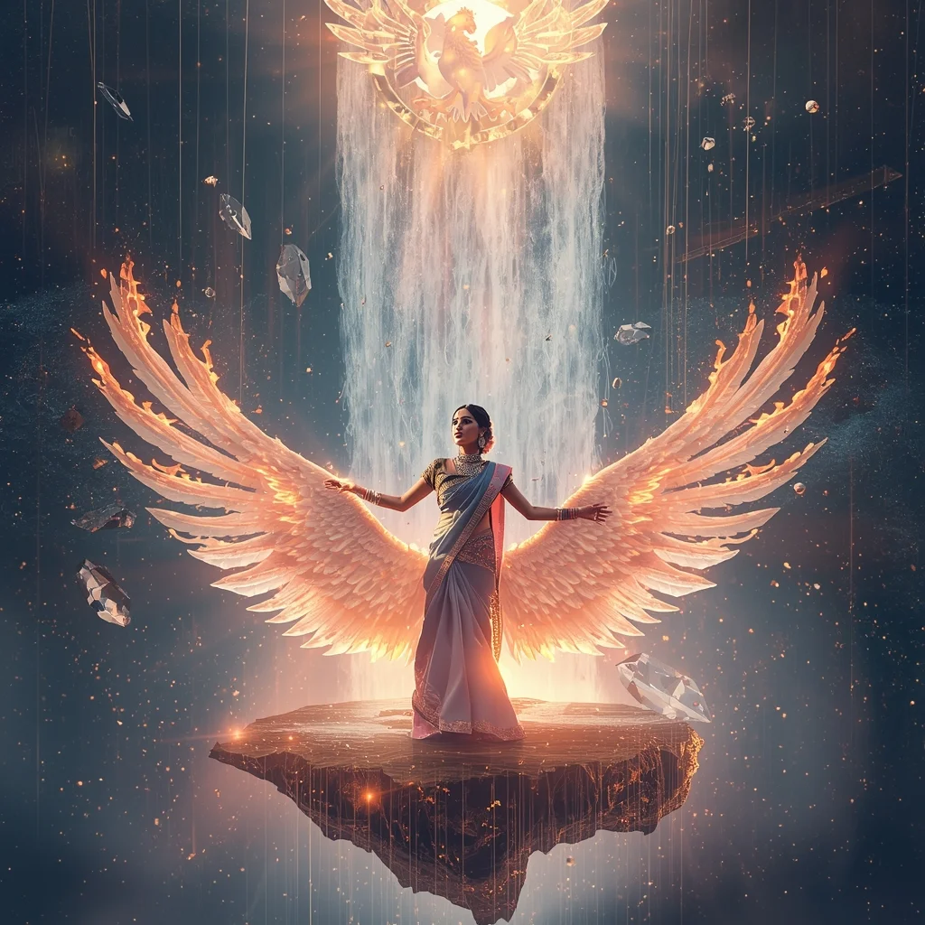 Festive Pastel Saree Phoenix Crystal Waterfall Portal Collage | Mythical Legendary Prompt | Stable Diffusion Prompt