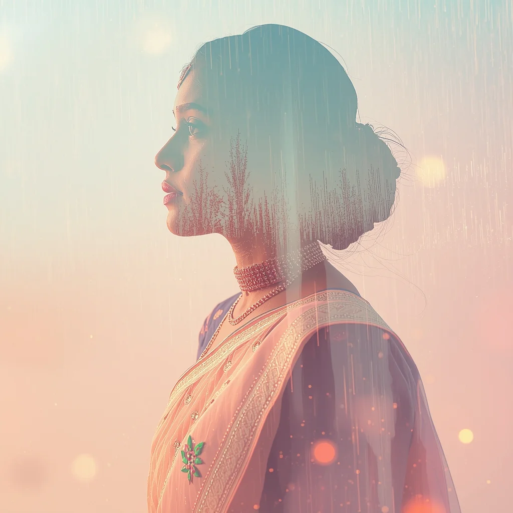 Festive Pastel Saree Poetic Artistic Double Exposure Loop Collage | Dream Reflection Prompt | Saree Profile Pic Ai Prompt - Woman Pose AI Image Prompt