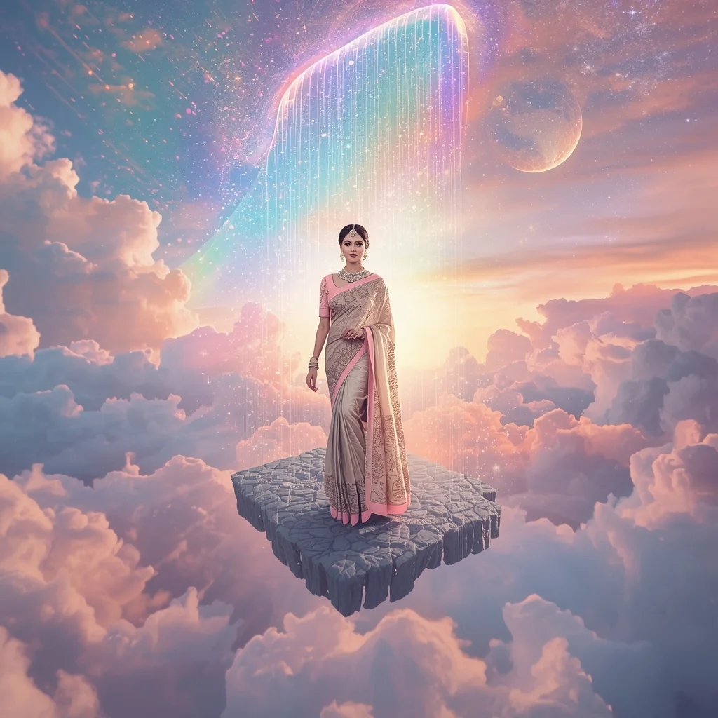 Festive Pastel Saree Portal Waterfall Particle Collage | Dream Spiral Luxury Prompt | Saree Pose Ai Prompt For Image Generation