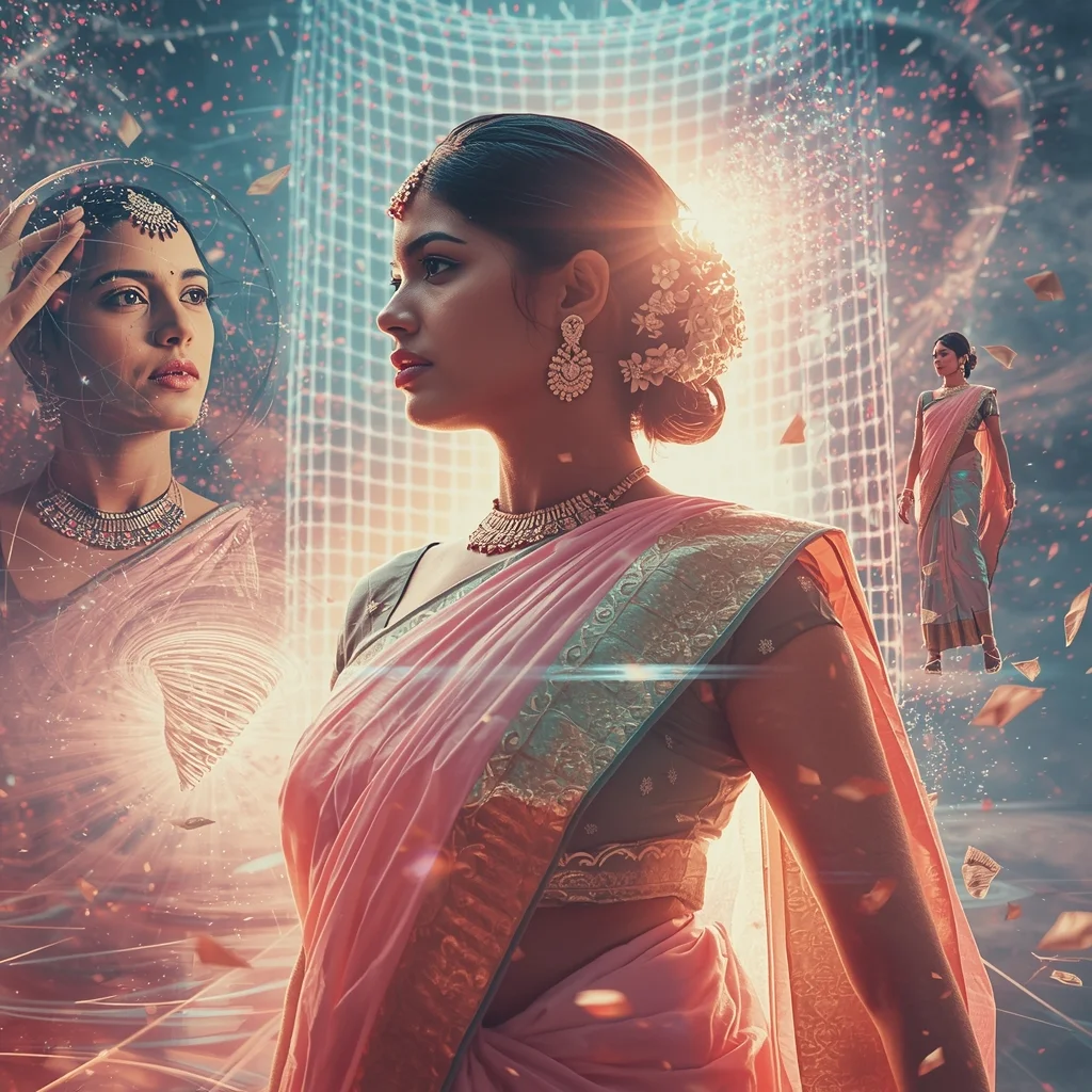 Festive Pastel Saree Quantum Magnetic Grid Tornado Collage | Hyper Futuristic Prompt | Sora Ai Prompt