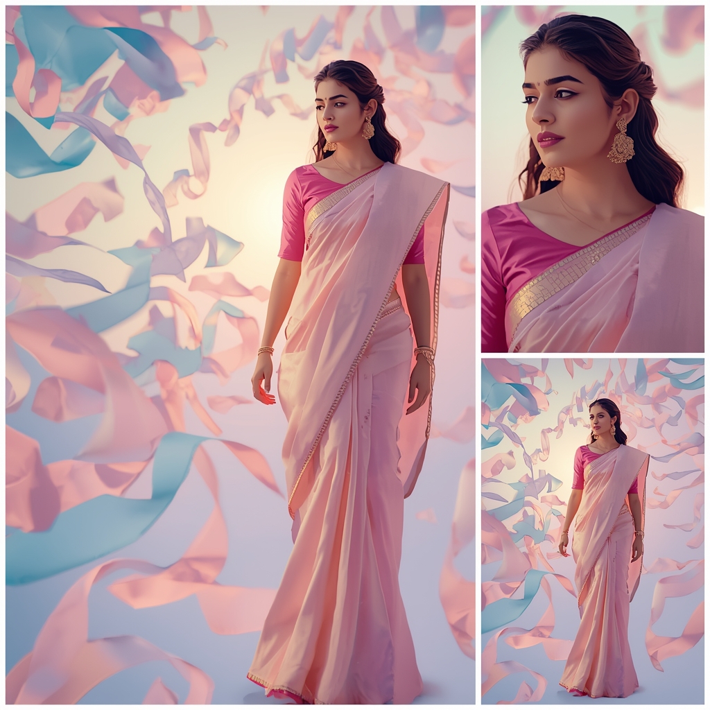 Festive Pastel Saree Ribbon Tunnel Collage | Indian Girl Flow Depth Aesthetic Soft Cinematic Viral Prompt | Saree Traditional Ai Prompt Indian Culture