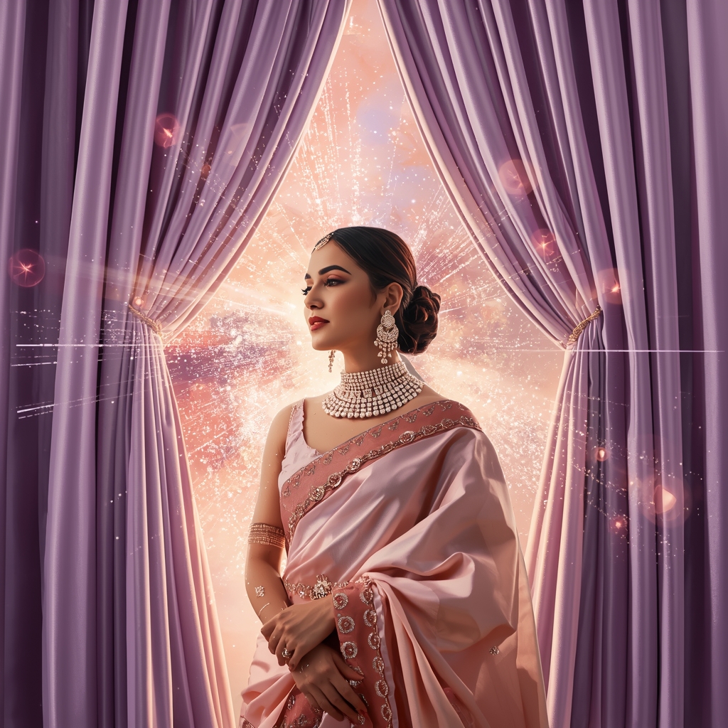 Festive Pastel Saree Royal Grand Magnetic Curtain Cosmic Burst Collage | Epic Dramatic Prompt | Saree Girl Dp Ai Prompt Ultra Hd