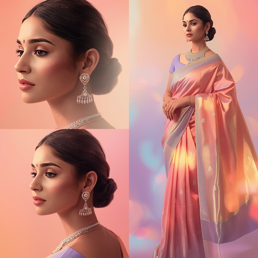 Festive Pastel Saree Satin Glow Collage | Indian Girl Smooth Shine Aesthetic Soft Cinematic Ultra Realistic Viral Prompt | Wedding Saree Ai Prompt