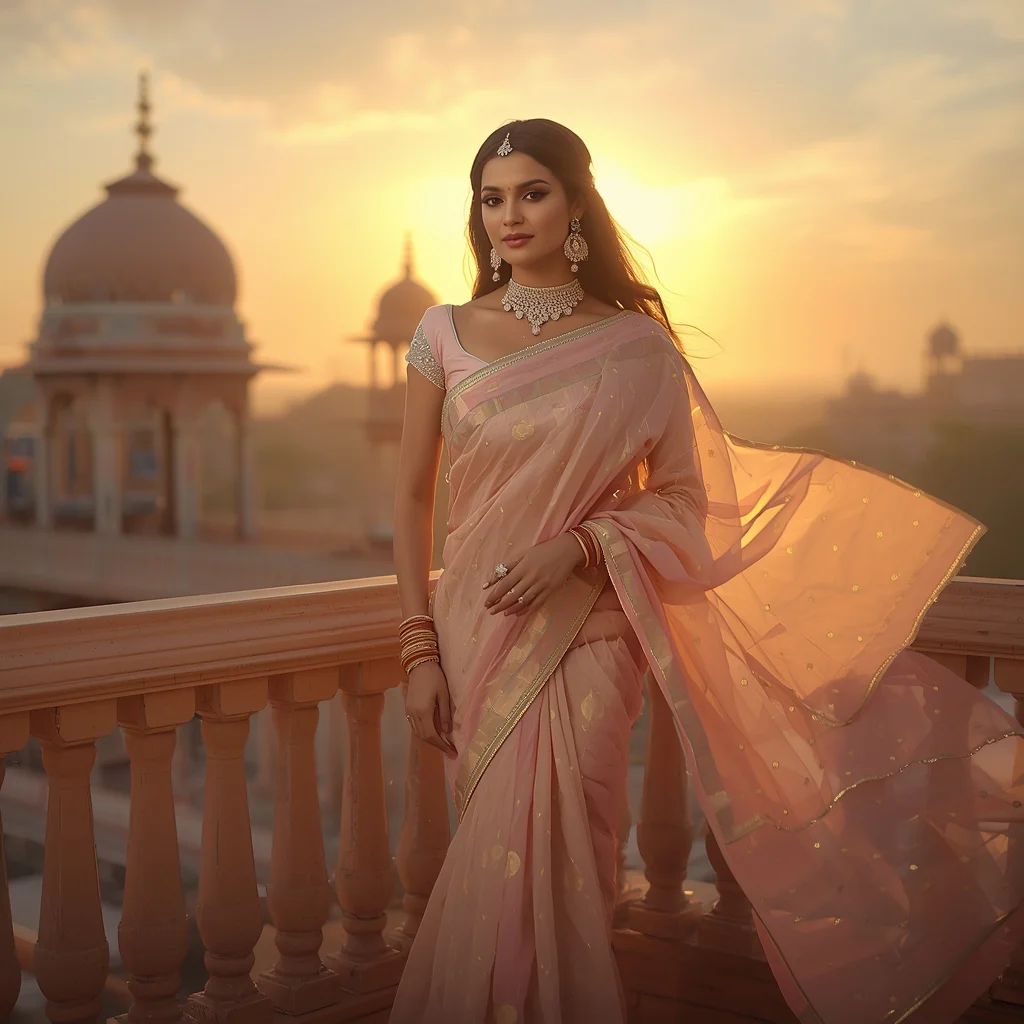 Festive Pastel Saree Sunset Palace Balcony Portrait Luxury | Chatgpt Photo Editing Prompts Trending Instagram