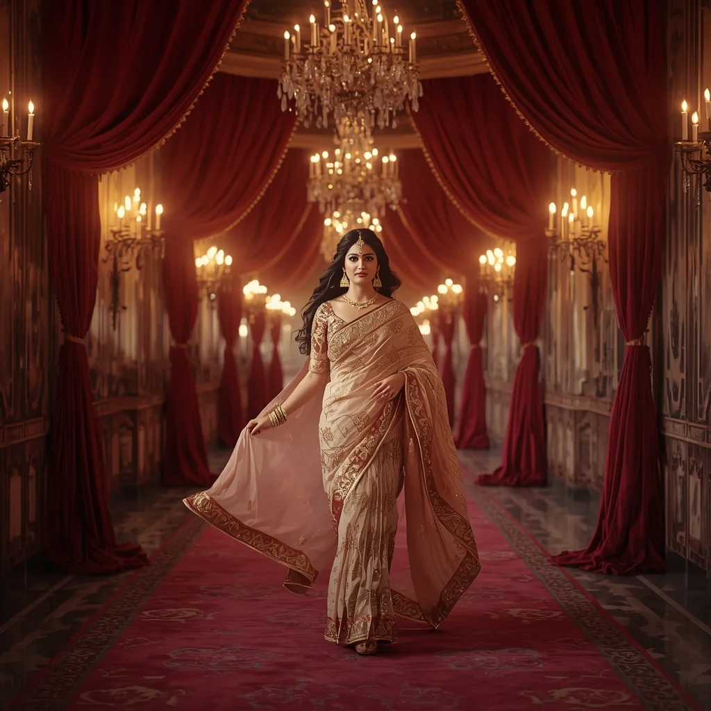 Festive Pastel Saree Velvet Royal Corridor Portrait Dream | Prompts For Saree Look