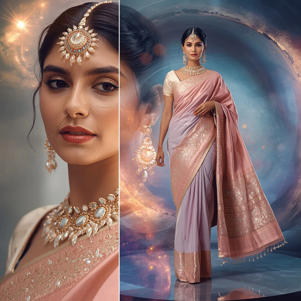 Festive Pastel Saree Vortex Mirror Galaxy Collage | Supreme Luxury Prompt | Gemini Ai Saree Photo