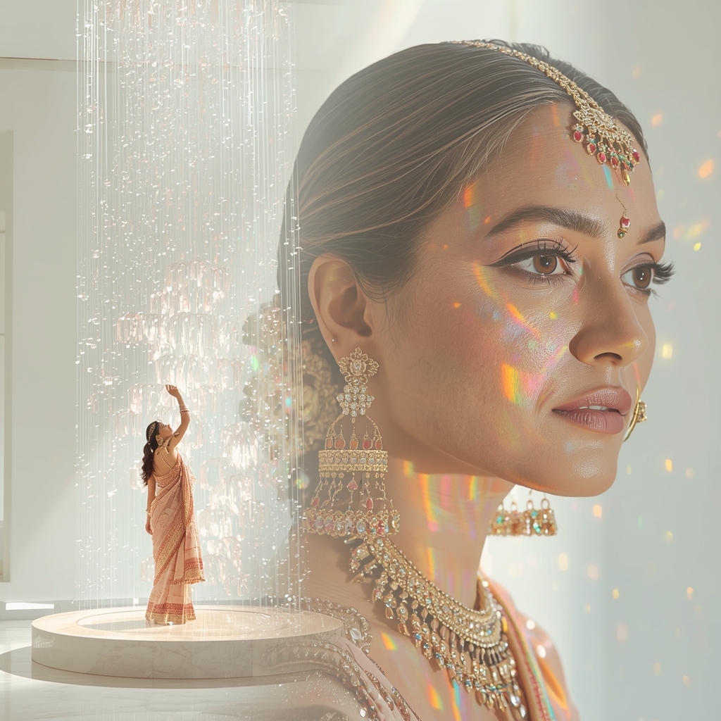 Festive Saree Crystal Prism Waterfall Sanctuary Collage | Refractive Rainbow Supreme Prompt | Gemini Saree Prompt For Woman