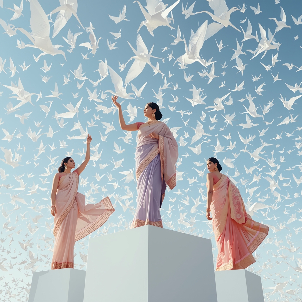 Festive Saree White Origami Crane Sky Collage | Geometric Starlight Supreme Prompt | Prompt Gemini Saree